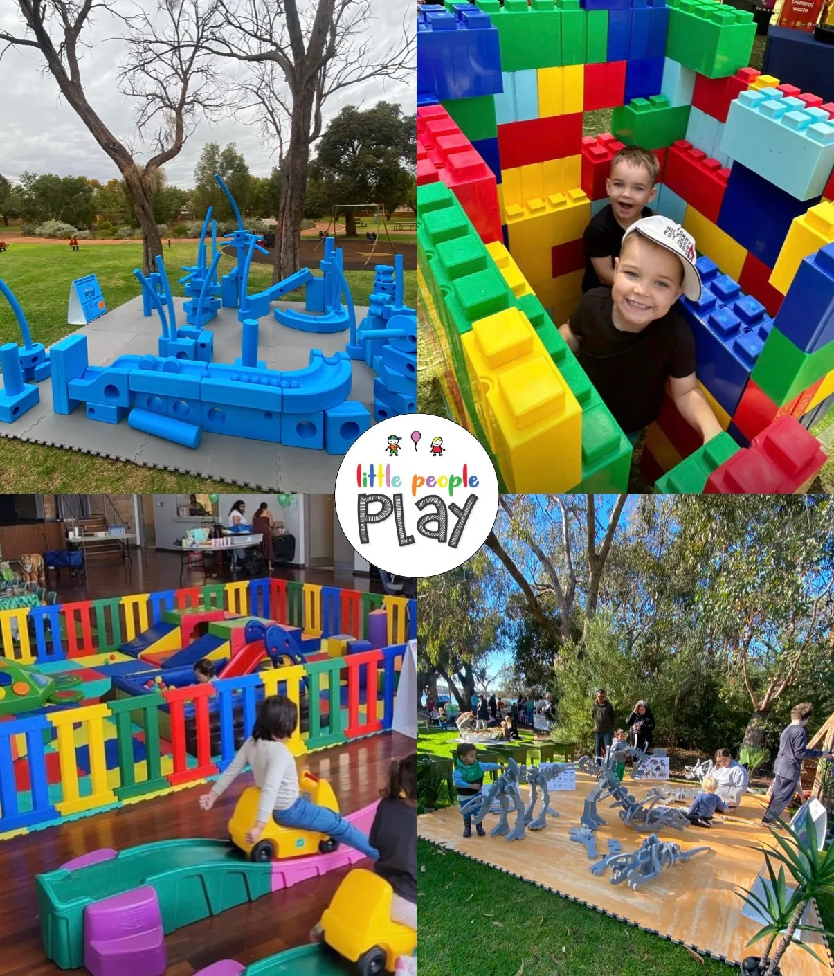 Collage of blue foam blocks in a park, children in giant LEGO bricks, a soft play zone in a hall and dinosaur bones on a mat